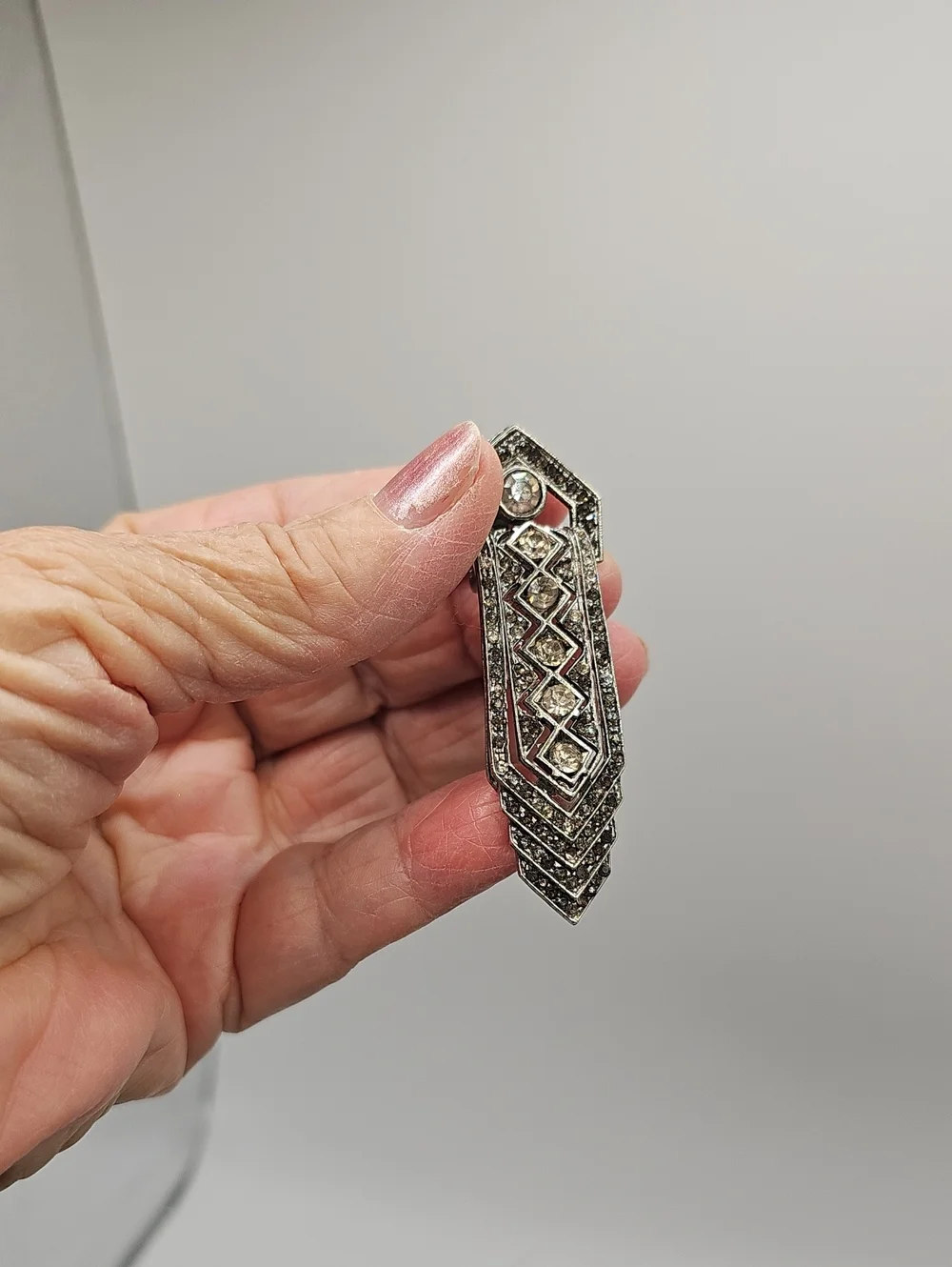 Vintage Art Deco Rhinestone Geometric Clip On Earrings Womens OS Silver OS